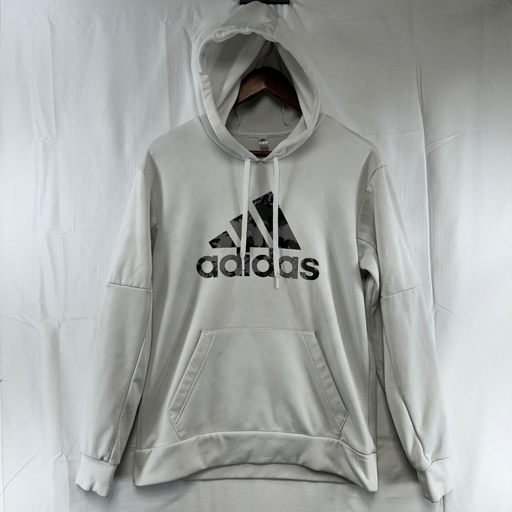 Adidas Hoodie Mens Small Light Gray Graphic Logo‎ Pullover Sweatshirt